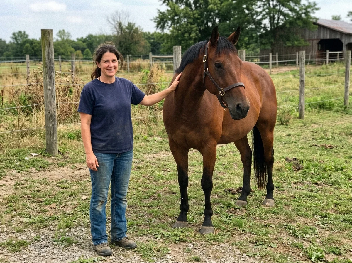An owner standing with her horse in a paddock