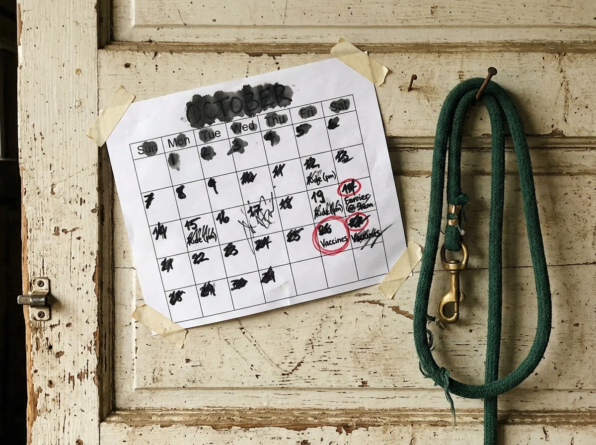 The calendar taped to the tack room door