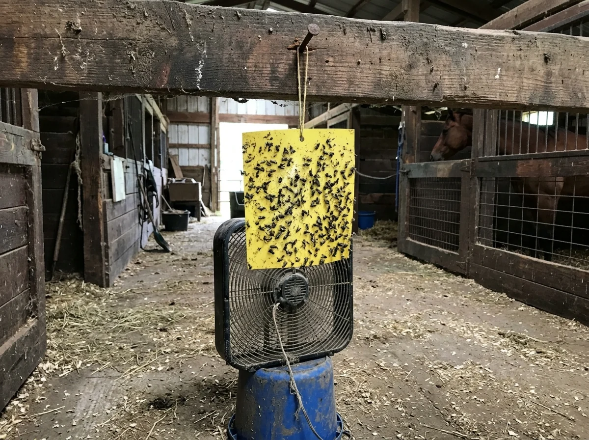 Fly trap and fan in the barn aisle