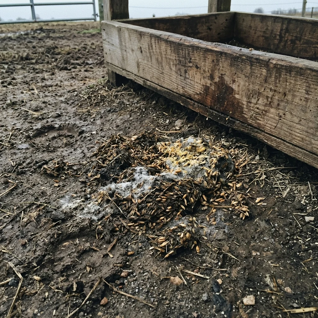 Spilled feed rotting at the feeder edge