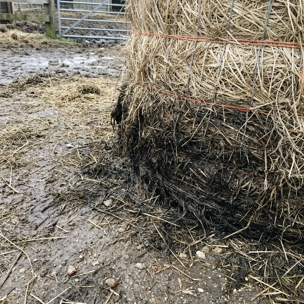 The rotting bottom edge of a hay bale